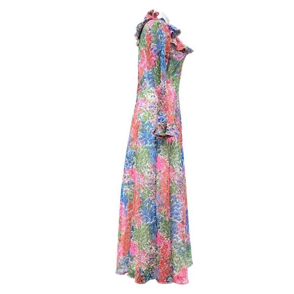 Vintage 60s Floral Print Ruffle Neck Long Sleeve Maxi Dress - Picture 3 of 16